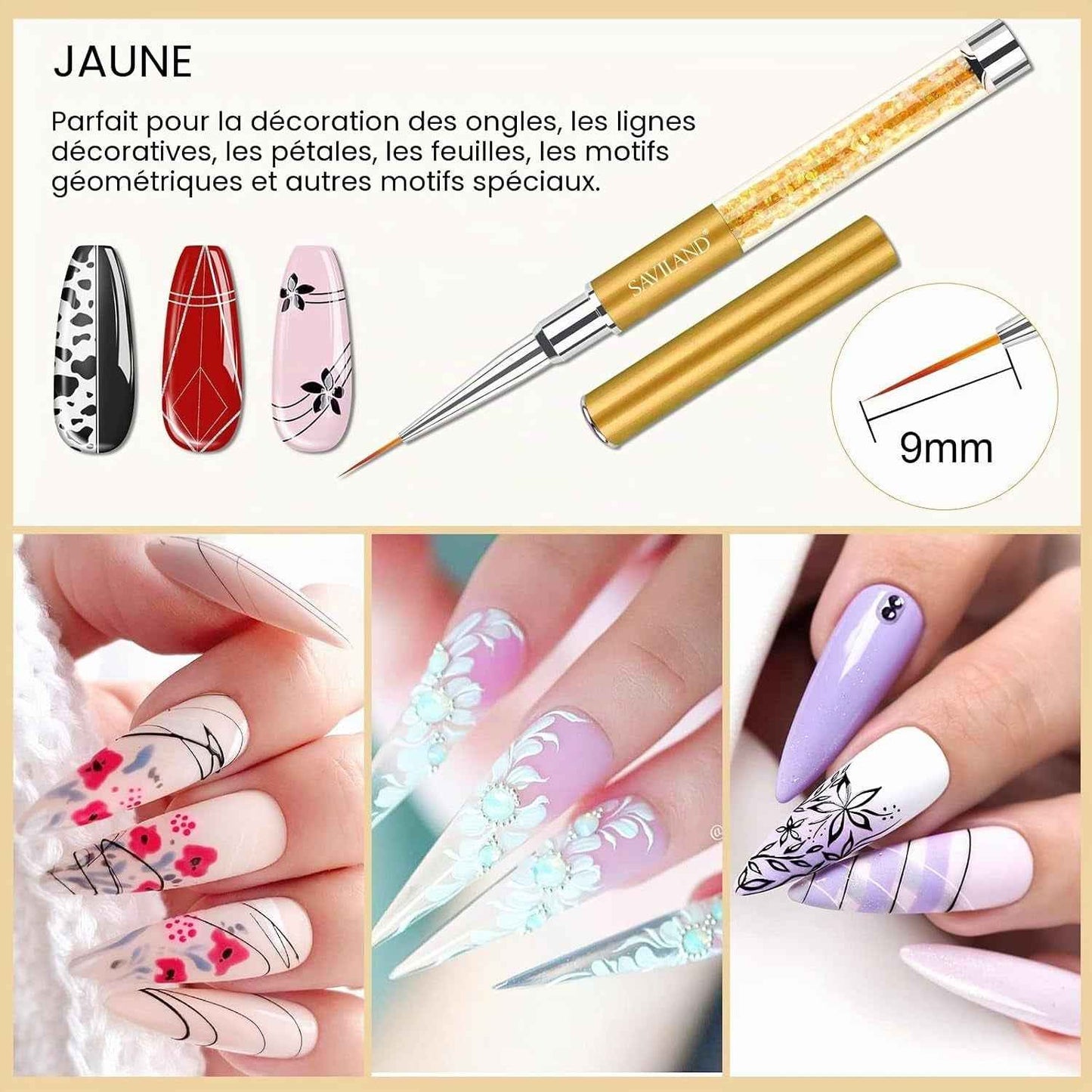 Pinceau Nail Art Ongle, 6Pcs Pinceaux Ongle Kit Fins En Capuchon, Absorption Uniforme Pinceaux Liner Nail Art, Utiliser Facilement Stylos Detailes Pour Gel Peinture（ Taile 7/9/11/13/23 Mm)