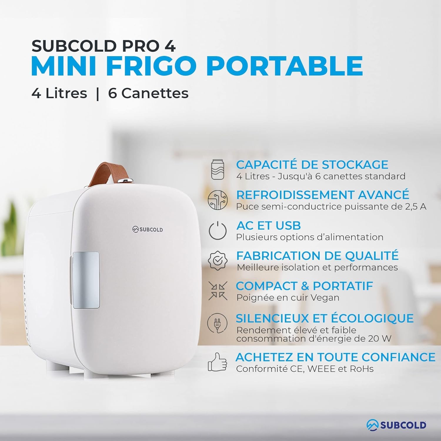Subcold Pro4 Mini Frigo De Luxe | 4 Litres/6 Canettes | AC Et USB | Petit Réfrigérateur Portable Pour Le Bureau, La Chambre, La Voiture, Les Voyages, Les Soins De La Peau Et Les Cosmétiques (Blanc)