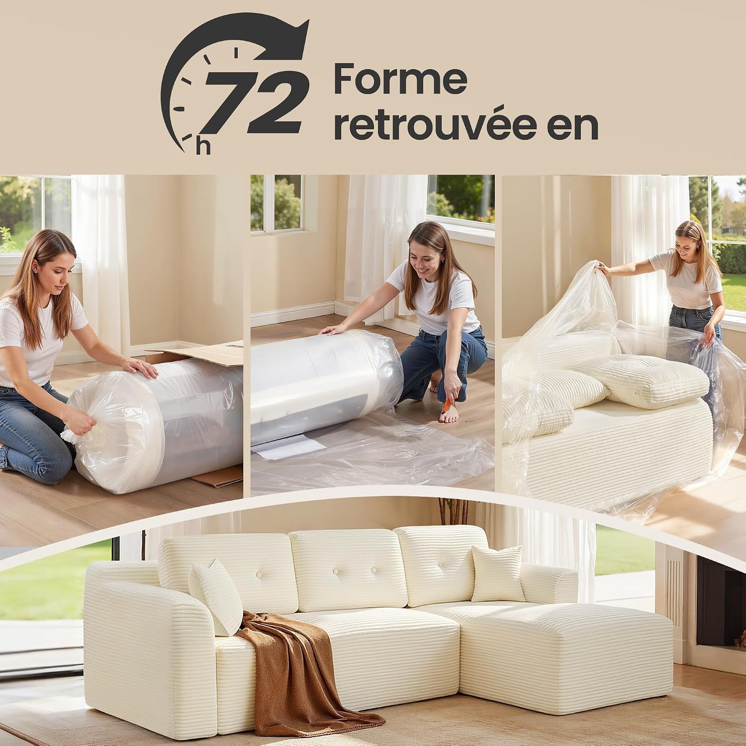 Canapé D’Angle, Canapé Modulable 244 Cm, Livré Compressé En Colis, Sans Montage, Avec Grande Méridienne À Droite, Pour Salon, Chambre D’Amis, Blanc Crème LCS184WD01