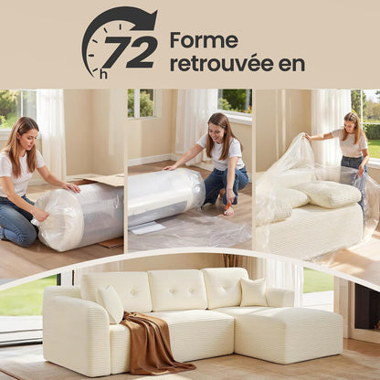 Canapé D’Angle, Canapé Modulable 244 Cm, Livré Compressé En Colis, Sans Montage, Avec Grande Méridienne À Droite, Pour Salon, Chambre D’Amis, Blanc Crème LCS184WD01