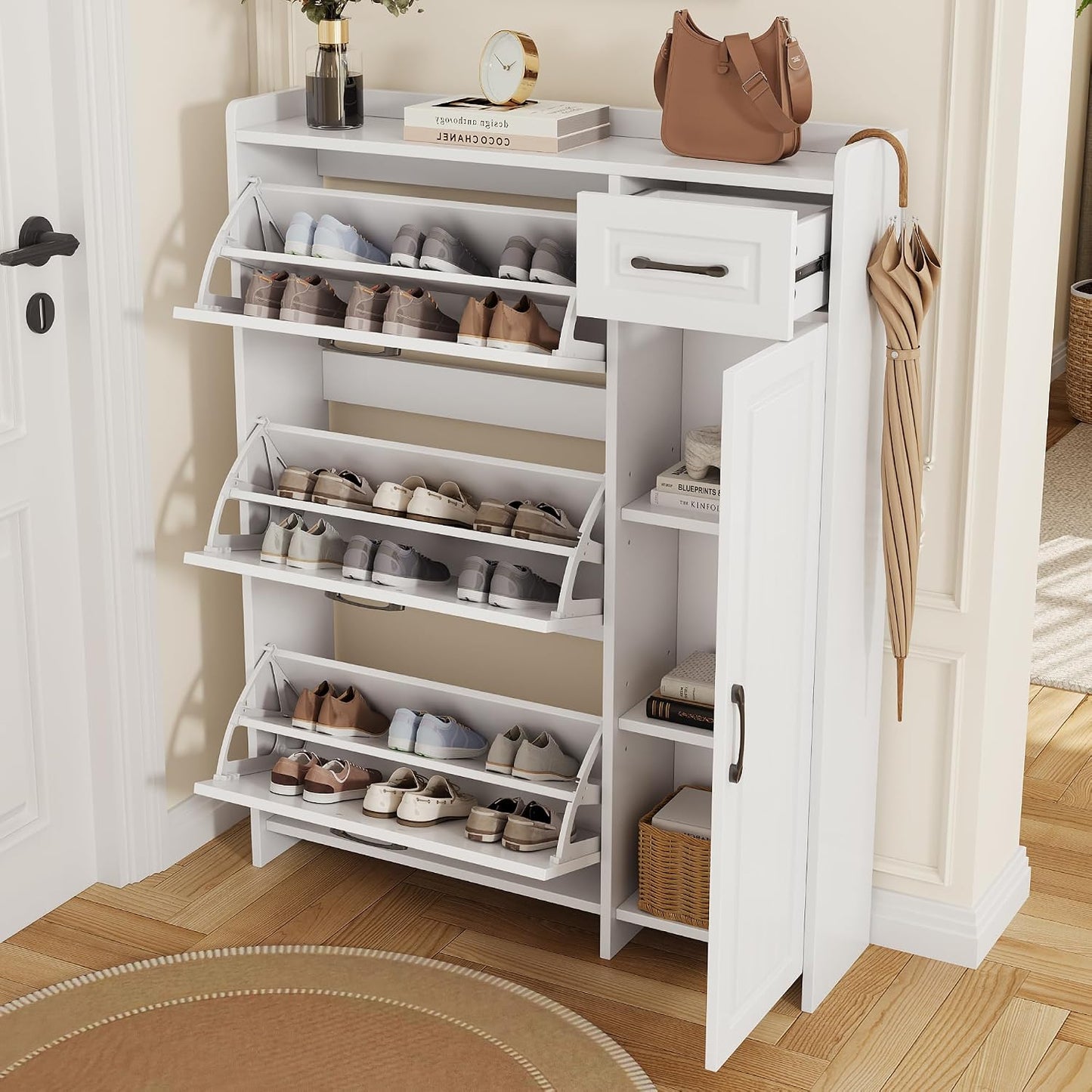 Meuble À Chaussures Avec 3 Compartiments Abattants, Tiroir, Compartiment Latéral À Étagères Réglables, Armoire À Chaussures Pour Entrée, Blanc