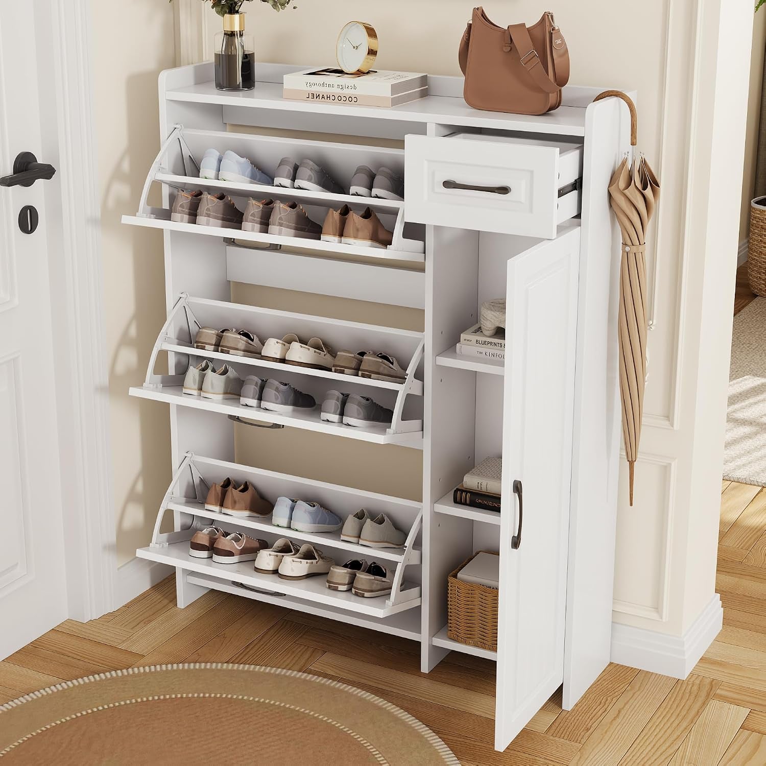 Meuble À Chaussures Avec 3 Compartiments Abattants, Tiroir, Compartiment Latéral À Étagères Réglables, Armoire À Chaussures Pour Entrée, Blanc