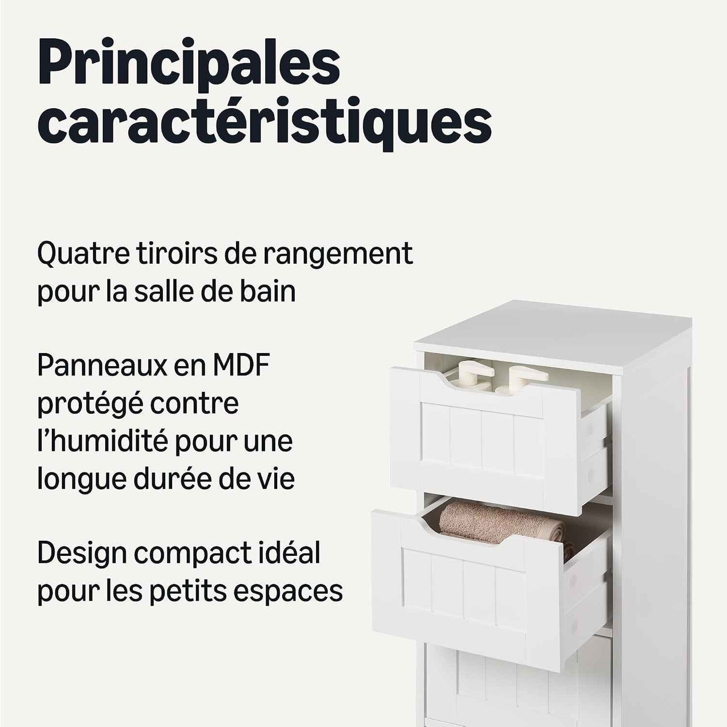 Meuble De Rangement De Salle De Bain Avec 4 Tiroirs, Rangement Sous Évier, Construction MDF, Blanc, 30Cm X 30Cm X 82Cm