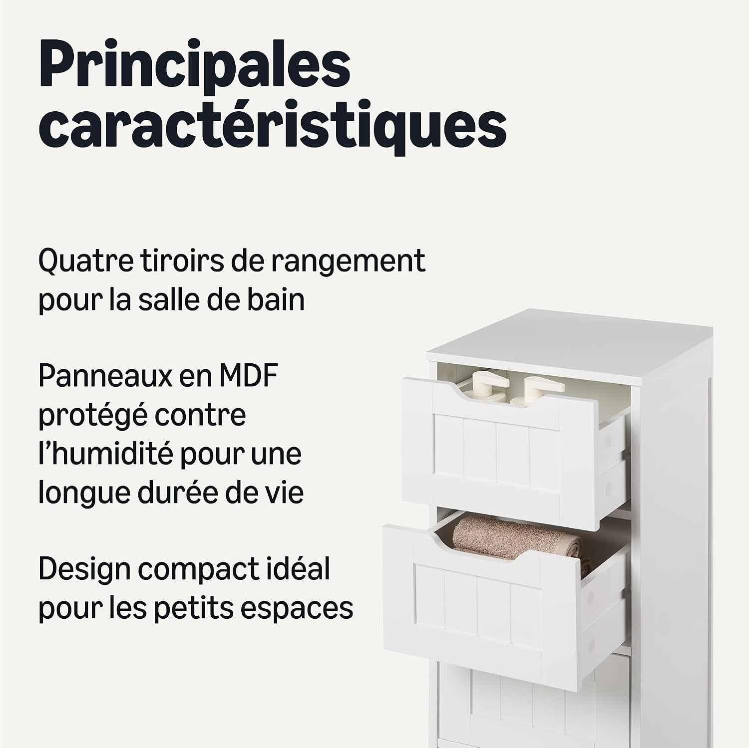 Meuble De Rangement De Salle De Bain Avec 4 Tiroirs, Rangement Sous Évier, Construction MDF, Blanc, 30Cm X 30Cm X 82Cm