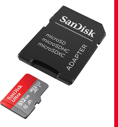 Ultra Microsdxc + Adaptateur SD 512 Go (Pour Android Smartphone Et Tablette, Video Full HDD, Jusqu'À 150 Mo/S, UHS-I, La Performance A1, V10,Class 10, U1) | Adaptateur Inclus, Jusqu'À 150 Mo/S, UHS-I, U1, Classe 10, A1, Vidéo Full HD