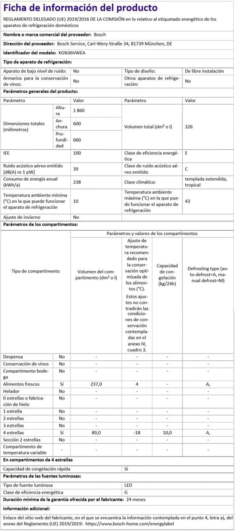 Série | 4 KGN36VWEA – Réfrigérateur Combi, Sans Installation, 186 X 60 Cm, 326 L, Blanc
