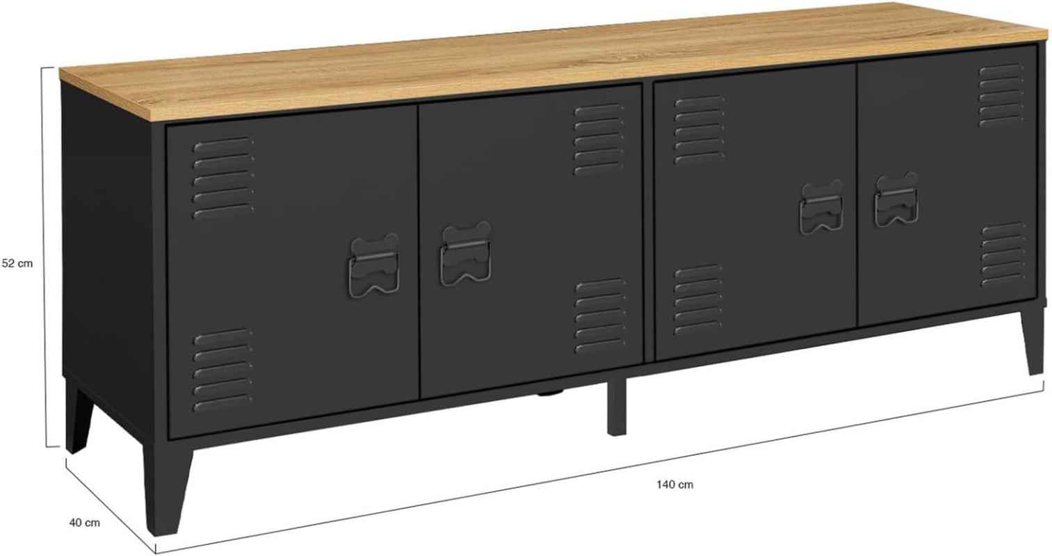 - Buffet Bas Ester 140 Cm Métal Noir Design Industriel | Plan De Travail H.83 Cm, 4 Portes, Plateau Bois