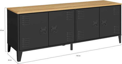 - Buffet Bas Ester 140 Cm Métal Noir Design Industriel | Plan De Travail H.83 Cm, 4 Portes, Plateau Bois