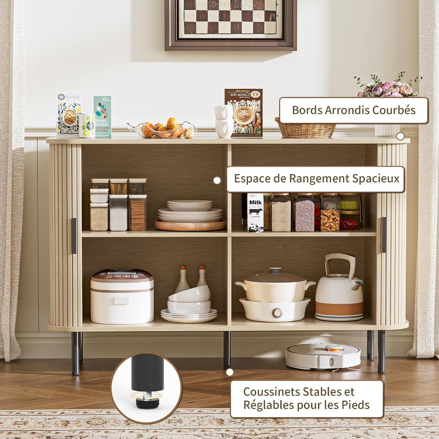 Buffet, Armoire De Cuisine Avec 2 Portes Coulissantes, Étagères Réglables, Meuble De Rangement, Bar À Café, Meuble D'Appoint Pour Cuisine, Salle À Manger, Salon,Beige