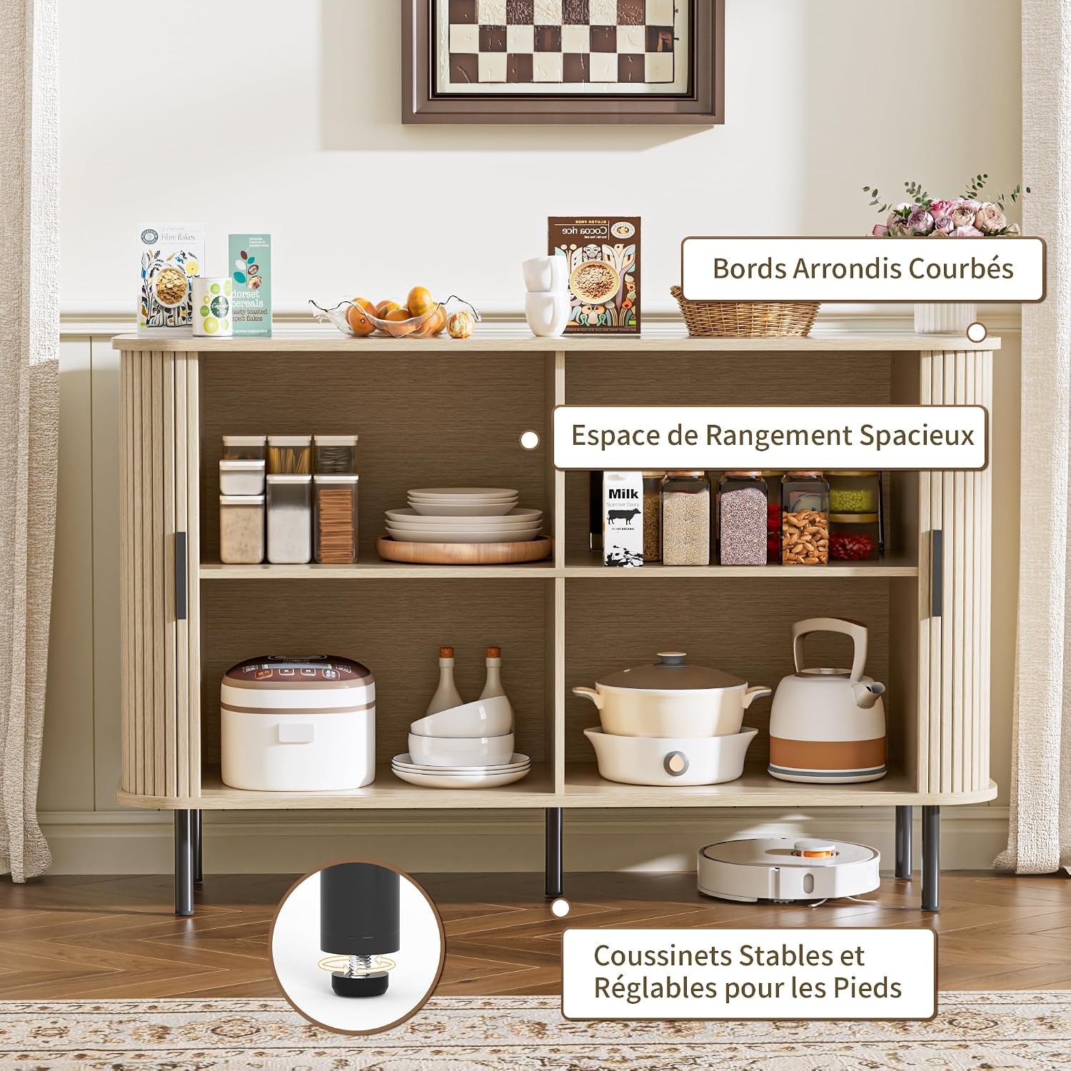 Buffet, Armoire De Cuisine Avec 2 Portes Coulissantes, Étagères Réglables, Meuble De Rangement, Bar À Café, Meuble D'Appoint Pour Cuisine, Salle À Manger, Salon,Beige