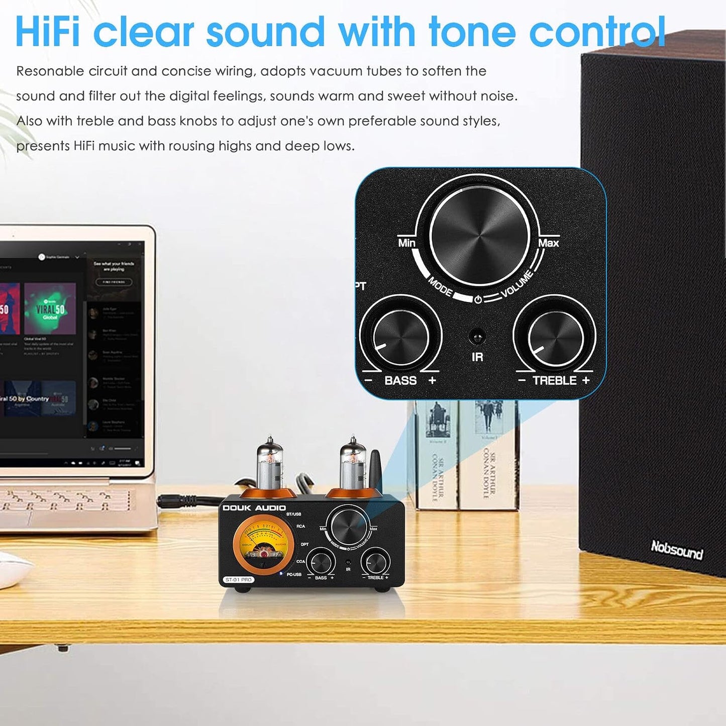 [Version Mise À Jour] ST-01 Pro 200W Amplificateur Hi-Fi Mini Récepteur Audio Bluetooth 5.0 Amplificateur À Tubes Numérique Avec Vu-Mètre, USB DAC Coax/Opt