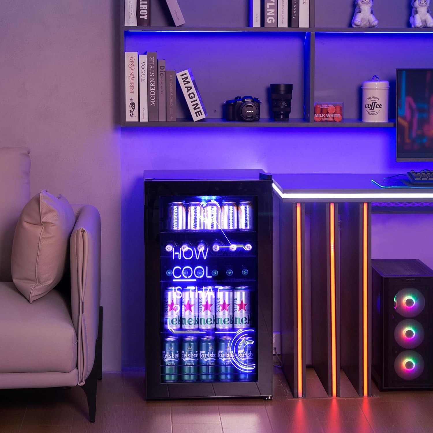 Réfrigérateur Pour Boissons, Mini Frigo Avec Éclairage Moderne Cyberpunk, 98L Petit Frigo Silencieux De 0-10°C, Mini Bar Intérieur, Pour Salle De Jeux, Fête, Noir.