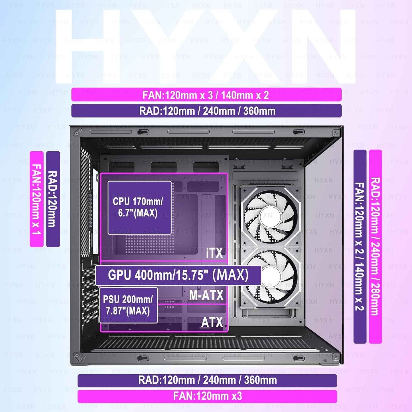 H3(2026) Boitier PC ATX– Préinstallé 6 Ventilateurs PWM ARGB Miroir Infini, Supporter Radiateur 360 Mm,Boîtier PC ATX À Double Chambre Mid Tower, Avec Type -C 3.2 (Noir)