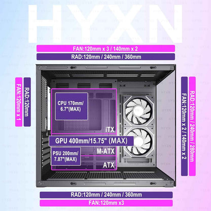 H3(2026) Boitier PC ATX– Préinstallé 6 Ventilateurs PWM ARGB Miroir Infini, Supporter Radiateur 360 Mm,Boîtier PC ATX À Double Chambre Mid Tower, Avec Type -C 3.2 (Noir)