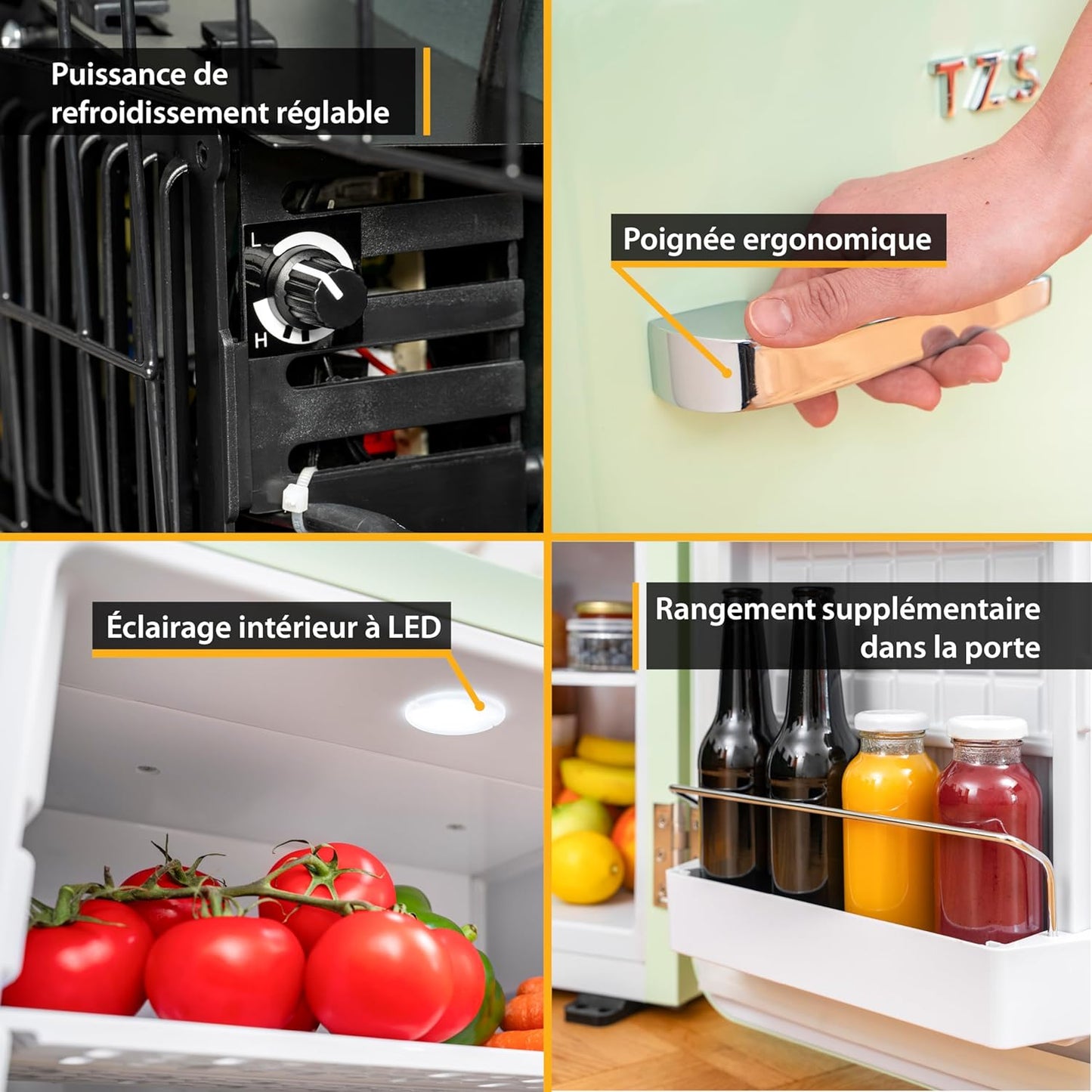 TZS First Austria Mini-Réfrigérateur Silencieux | Design Rétro | Puissance De Réfrigération Réglable | Poignée De Porte | Système De Réfrigération Thermoélectrique | 40L | Menthe