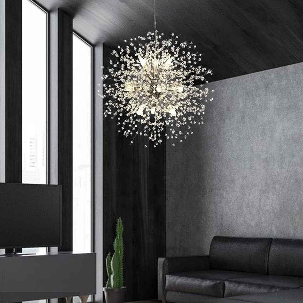 MONTERREY Lustre Pissenlit À 9 Lumières LED Feu D'Artifice Cristal Moderne Éclairage Suspendu Plafond De Luminaires Suspendus (2 Bâtons + Ampoules G9 En Cadeaux), Argent