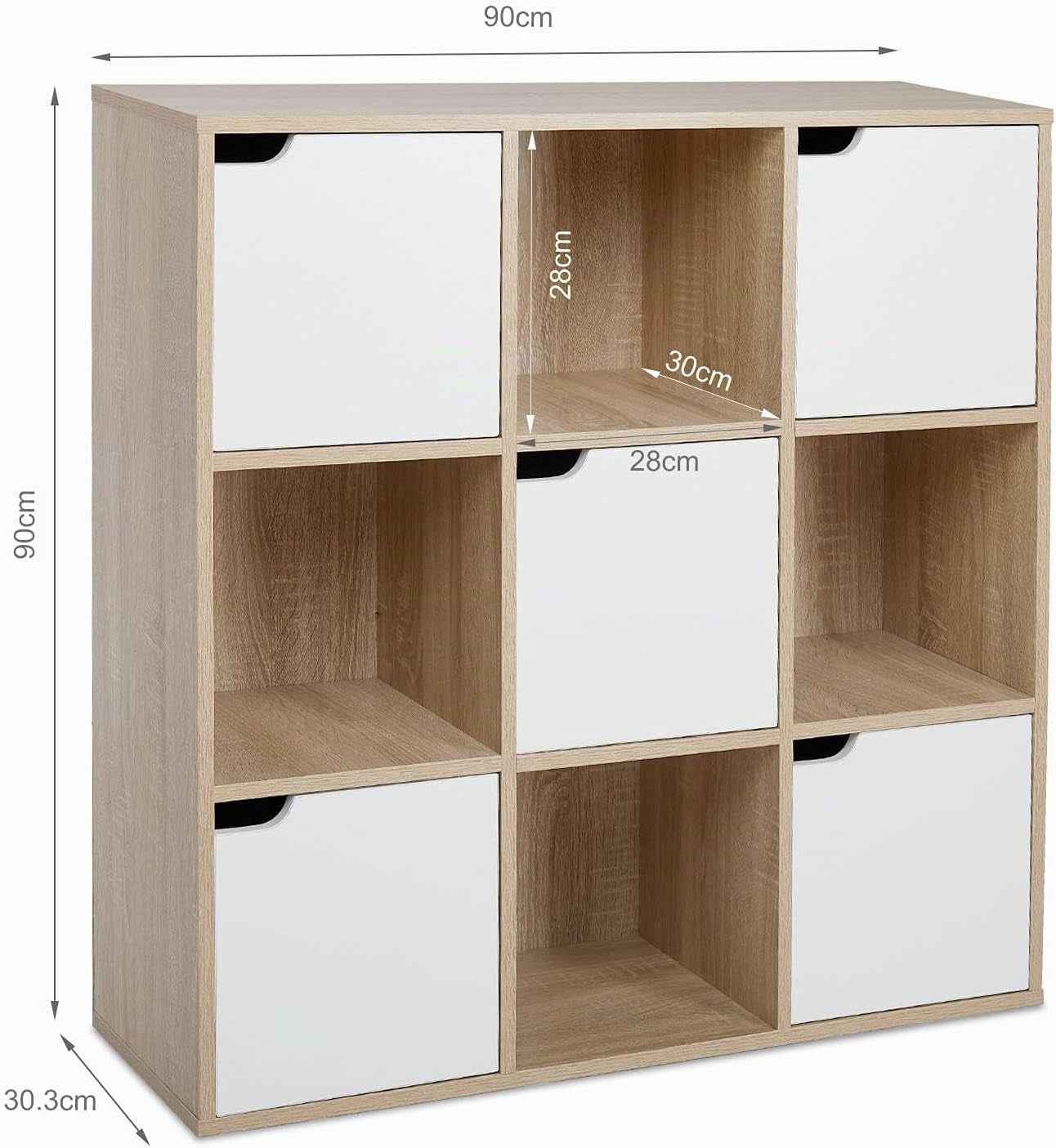 Bibliothèque 9 Casiers, 4 Ouverts + 5 Portes, Chêne, 90X30X90 Cm | Structure En Bois Massif. Exposez Et Rangez Vos Affaires. Idéal Salon, Bureau, Étude. Gain De Place.