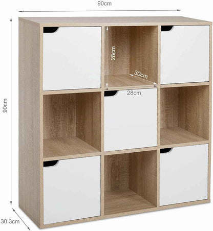 Bibliothèque 9 Casiers, 4 Ouverts + 5 Portes, Chêne, 90X30X90 Cm | Structure En Bois Massif. Exposez Et Rangez Vos Affaires. Idéal Salon, Bureau, Étude. Gain De Place.