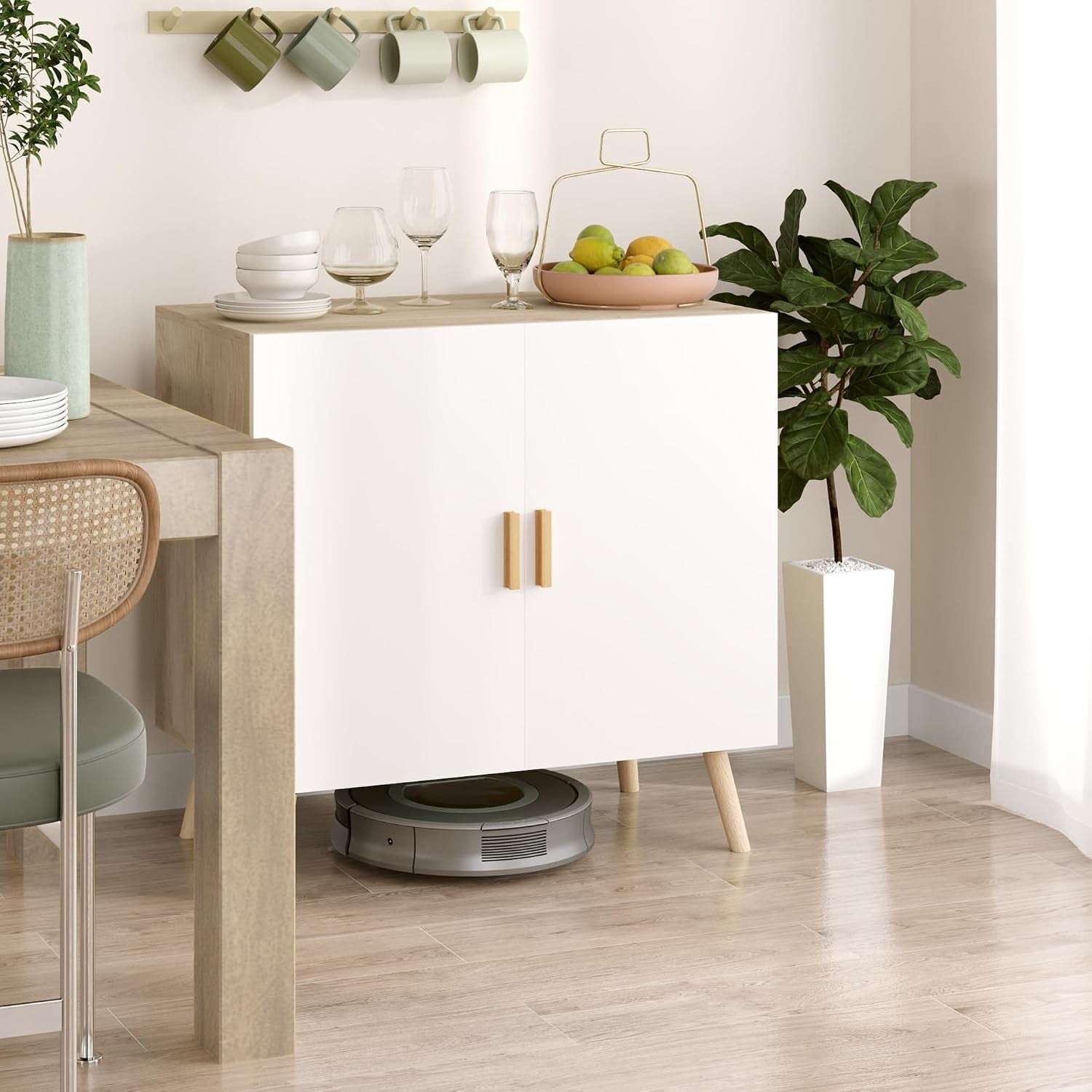 Buffet, Meuble De Rangement, Avec Poignées En Bambou, Étagère Ajustable, Base Surélevée, Pour Salon Cuisine Salle À Manger, 76 X 41,2 X 74 Cm Blanc Et Bois Naturel
