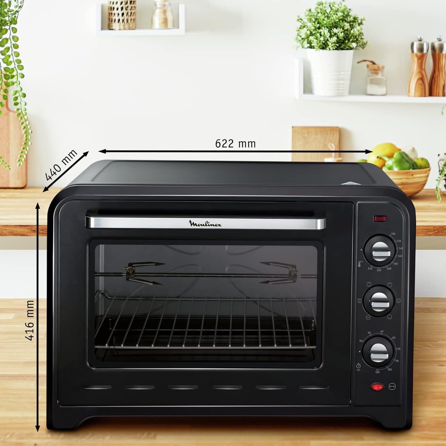 Four Électrique À Chaleur Tournante 60 L, 7 Modes De Cuisson, Tournebroche, Thermostat Réglable Jusqu’À 240 °C, Timer 120 Minutes, 2 Grilles Réversibles, Optimo, Noir OX495810