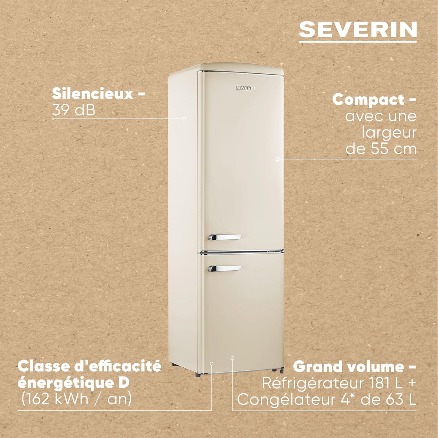 Réfrigérateur Congélateur Combiné, Pose Libre, Longueur 55 Cm, 244 L, Classe D, Combiné Réfrigérateur Design Rétro, Crème, RKG 8919