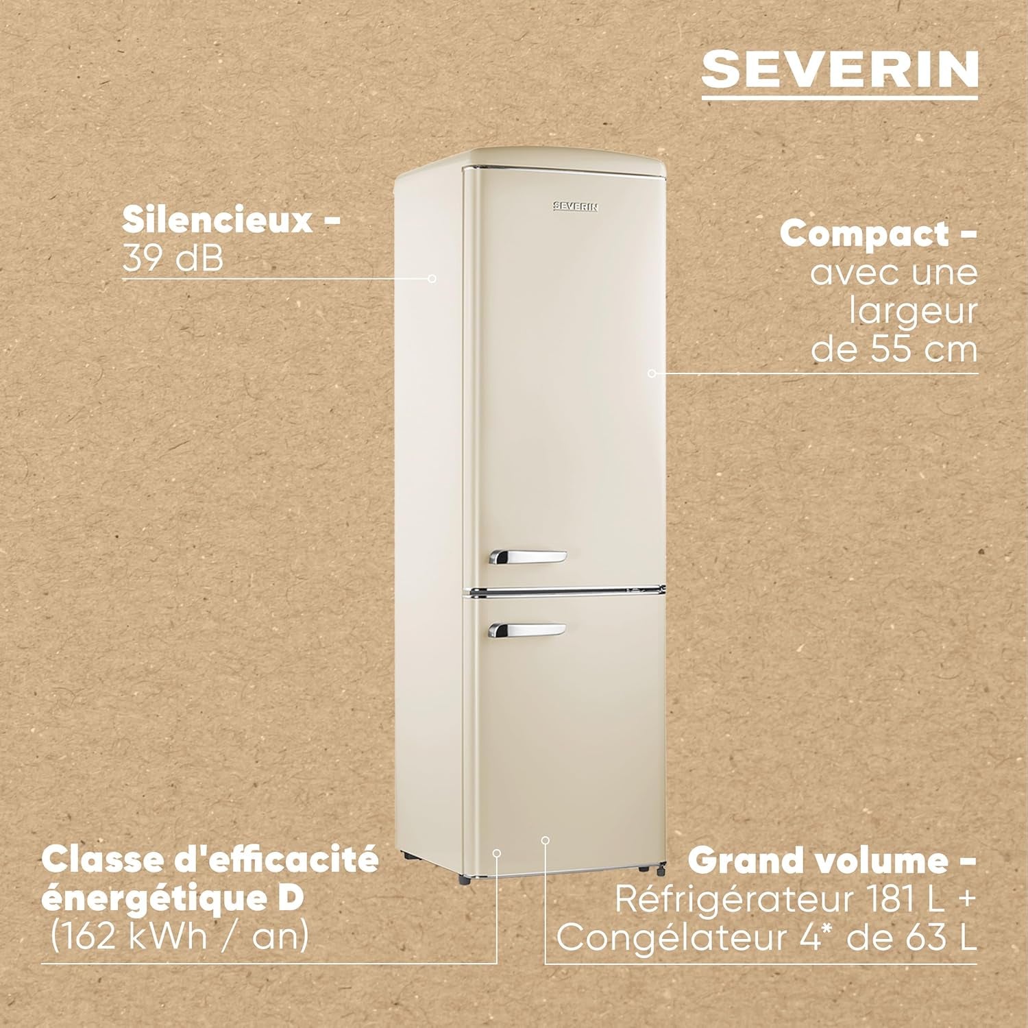 Réfrigérateur Congélateur Combiné, Pose Libre, Longueur 55 Cm, 244 L, Classe D, Combiné Réfrigérateur Design Rétro, Crème, RKG 8919