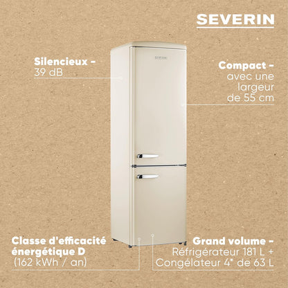Réfrigérateur Congélateur Combiné, Pose Libre, Longueur 55 Cm, 244 L, Classe D, Combiné Réfrigérateur Design Rétro, Crème, RKG 8919