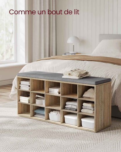 Banc À Chaussures, Organiseur De Chaussures Avec 15 Compartiments, Siège Rembourré, Pour Entrée, Couloir, Placard, Marron Turquoise Et Gris Tourterelle LHS015T60