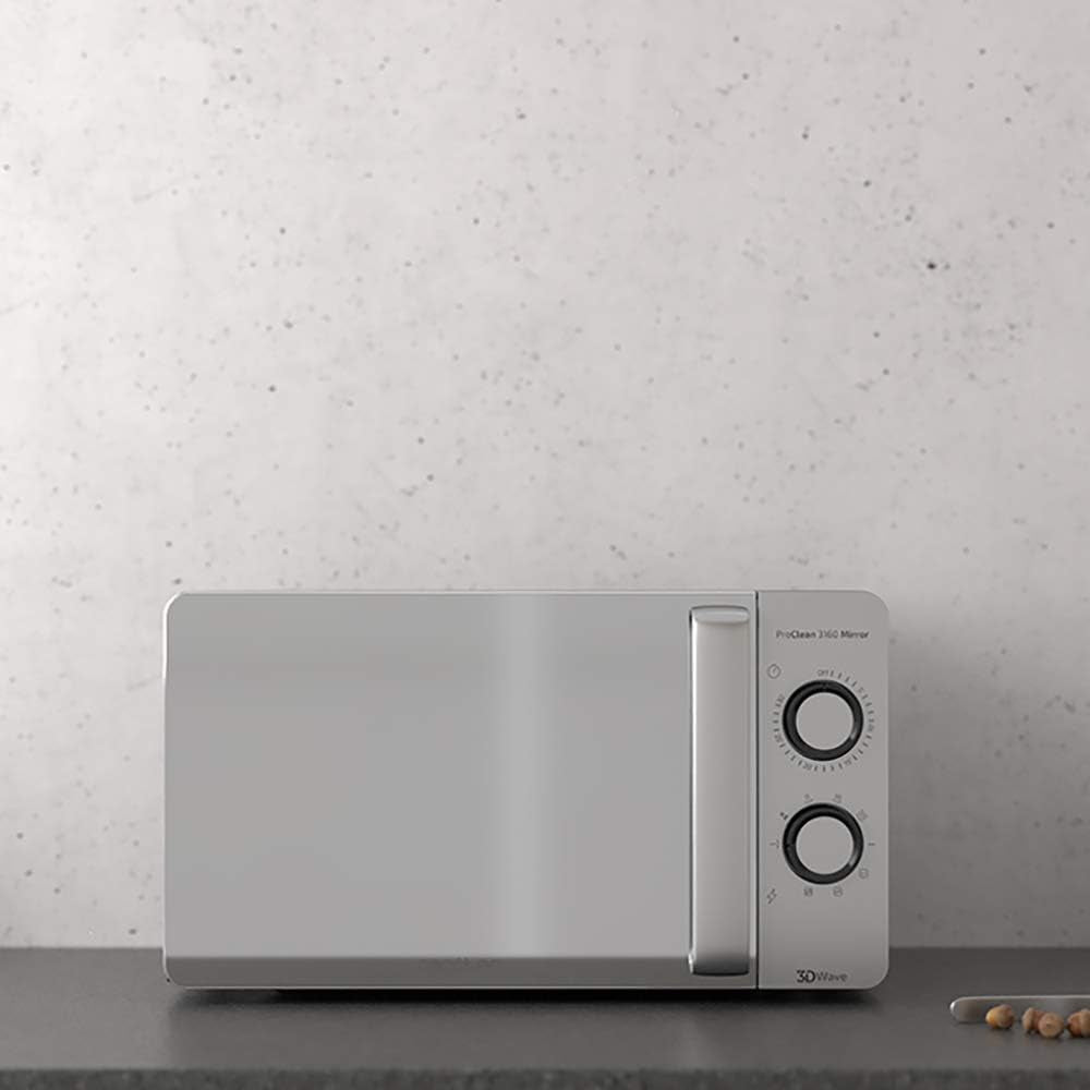 Micro-Ondes Proclean 3160. Revêtement Ready2Clean Pour Un Meilleur Nettoyage, Technologie 3D WAVE, Grill 800 W, 20 L. Design Élégant Avec Porte, 6 Niveaux, Argenté Miroir.