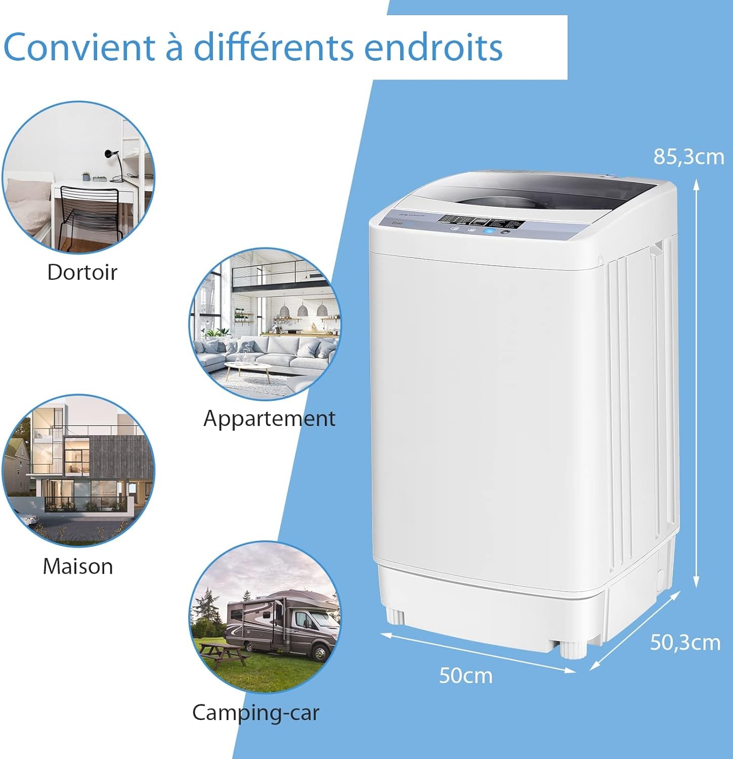 Machine À Laver Automatique 10 Programmes Avec Volume Du Tambour 45L, Mini Lave-Linge Avec Capacité De Lavage De 4,5 Kg Avec Fonction De Séchage, 50 X 50,3 X 85,3 Cm