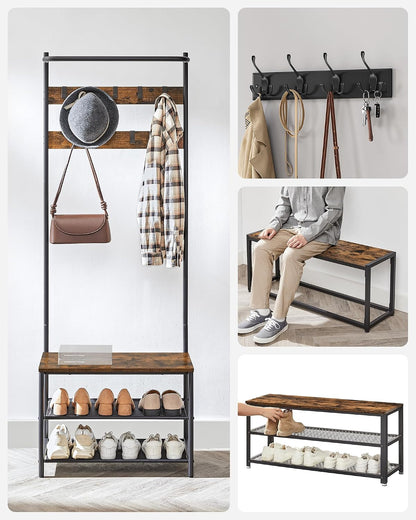 Meuble D’Entrée, Porte-Manteaux, Avec Banc Et Étagère À Chaussures, 9 Crochets Amovibles, Tringle, 32,2 X 64 X 180 Cm, Pour Entrée, Chambre, Style Industriel, Marron Rustique Et Noir HSR411B01