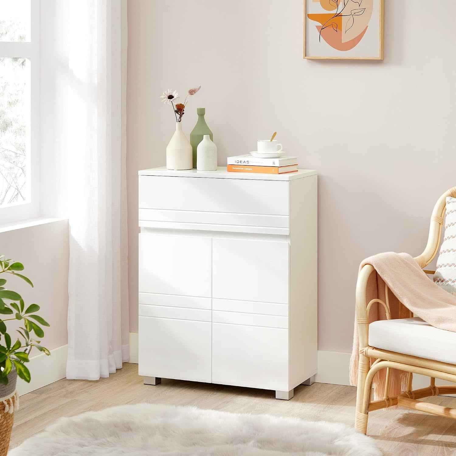 Meuble De Salle De Bain Sur Pied, Meuble De Rangement Avec Tiroir, Armoire À Double Porte, Étagère Réglable, Pour Entrée, Couloir, 60 X 30 X 80 Cm, Blanc BBK140W01