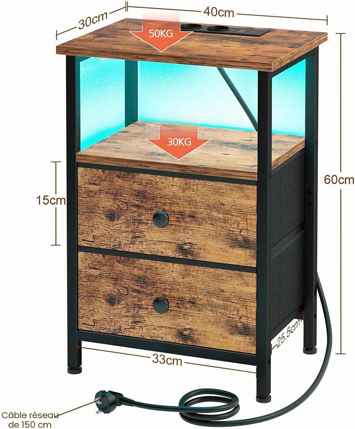 Lot De 2 Tables De Chevet, Table De Nuit Avec Prise Intégrée LED | Table D'Appoint Avec 2 Tiroirs Et Compartiment Ouvert, Pour Chambre, Salon Ou Canapé, Marron EHETS02BR