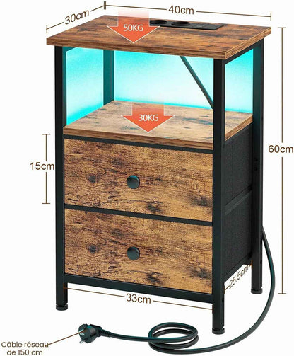 Lot De 2 Tables De Chevet, Table De Nuit Avec Prise Intégrée LED | Table D'Appoint Avec 2 Tiroirs Et Compartiment Ouvert, Pour Chambre, Salon Ou Canapé, Marron EHETS02BR