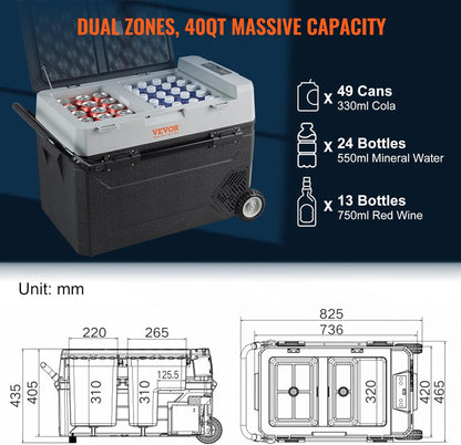 Glacière Électrique Portable De 38 L Réfrigérateur De Voiture Portable 12/24 V CC 100-240 V CA Frigo Voiture Double Zone 0,708 Kw.H -20 °C À 10 °C Réglable Congélateur Pour Camion Bateau Camping