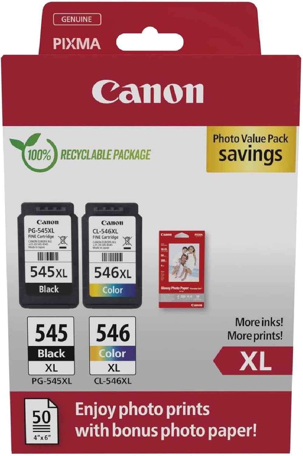 Canon PG-545XL + CL-546XL Fine Cartuchos De Tinta Original + Papel Foto | 15Ml + 13Ml Tinta Auténtica Alto Rendimiento Y Papel Fotográfico - Para PIXMA TS3350, TS3150, TS3450, TS3355, TS3351 Y Más!