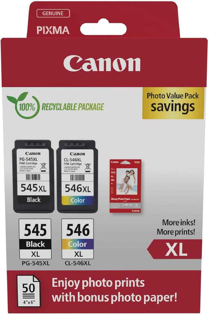 Canon PG-545XL + CL-546XL Fine Cartuchos De Tinta Original + Papel Foto | 15Ml + 13Ml Tinta Auténtica Alto Rendimiento Y Papel Fotográfico - Para PIXMA TS3350, TS3150, TS3450, TS3355, TS3351 Y Más!