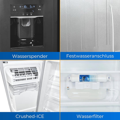 Exquisit SBS520-CF-040E Side by Side Kühlschrank, 91 Cm Breit, 513L, Nofrost, Ice-Maker, Festwasseranschluss, Inoxlook