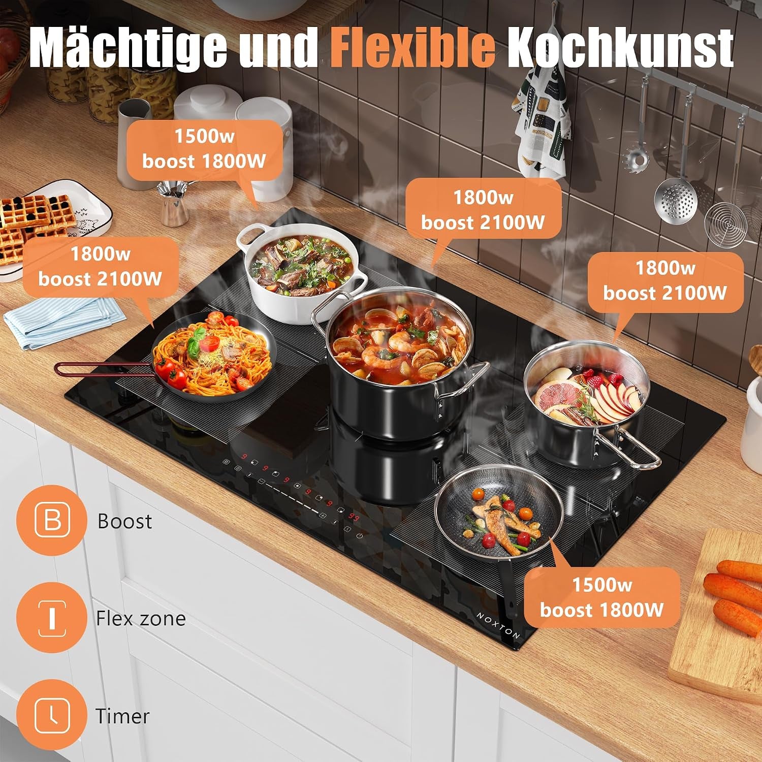 Plaque Induction Avec Flexizone, Plaque De Cuisson Electrique 5 Feux | Boost, Verrouillage Enfant, Pause Et Minuterie, 9 Niveaux De Puissance, Encastrable, 77 CM, 7200W, 220-240V, Sans Prise
