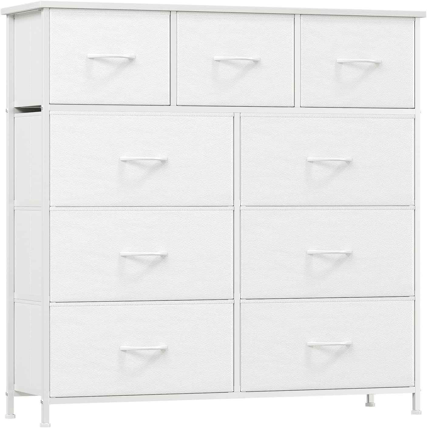Commode De Rangement Pour Chambre À 9 Tiroirs En Tissu, Blanc | Meuble De Rangement Chambre 30P X 100L X 99H, Cadre En Acier Robuste, Dessus Étanche, Salon, Couloir, Entrée