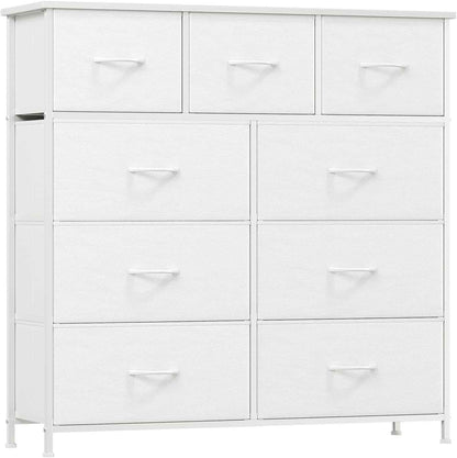 Commode De Rangement Pour Chambre À 9 Tiroirs En Tissu, Blanc | Meuble De Rangement Chambre 30P X 100L X 99H, Cadre En Acier Robuste, Dessus Étanche, Salon, Couloir, Entrée