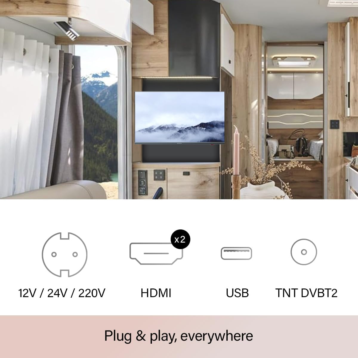 Smart TV 22" (55 Cm) Borderless - Android Connecté Internet Wifi Avec Bluetooth - 12V/24V/220V - Camping Car Camion Fourgon Poids Lourd Caravane Bateau Cuisine - Garantie 2 Ans
