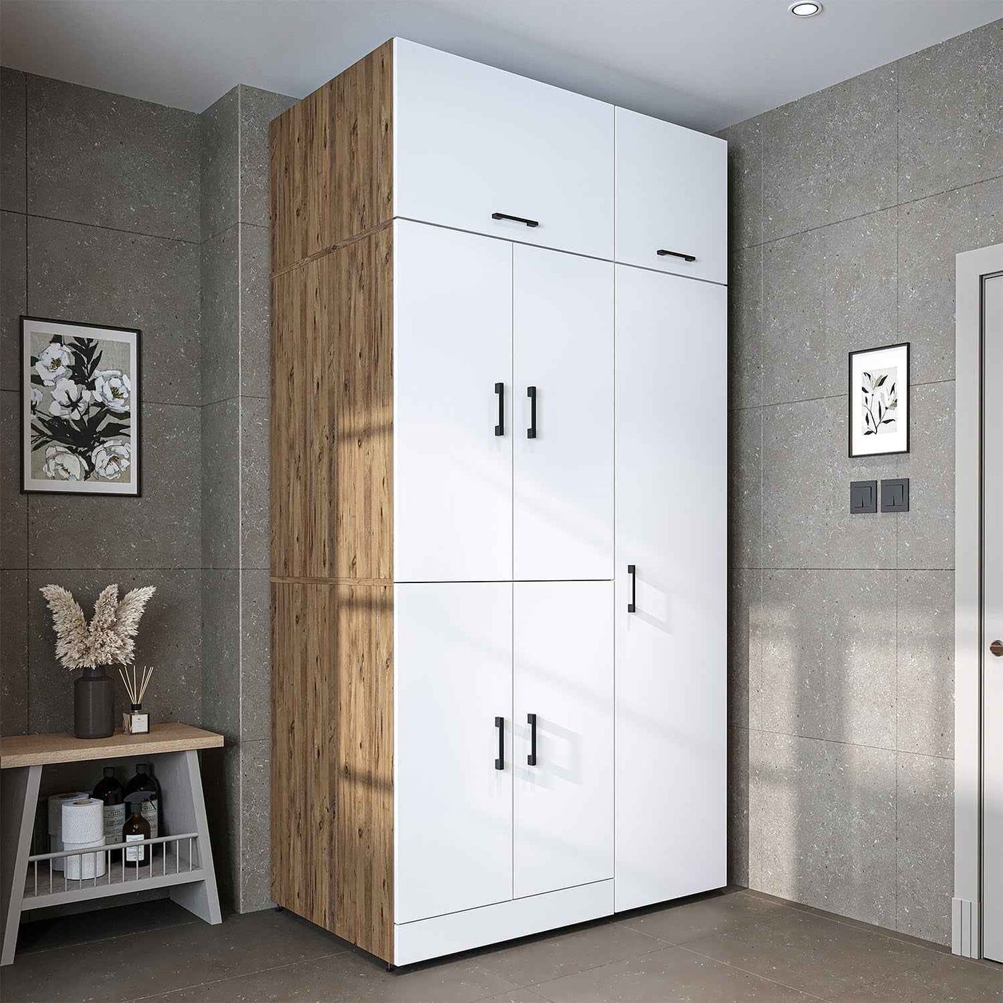 Dora - Armoire De Machine À Laver - Pour Sèche-Linge Et Machine À Laver - En 4 Couleurs - Avec Portes Et Panneau Coulissant - Blanc - Chêne
