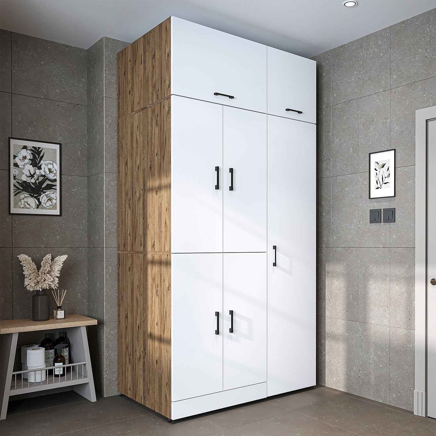 Dora - Armoire De Machine À Laver - Pour Sèche-Linge Et Machine À Laver - En 4 Couleurs - Avec Portes Et Panneau Coulissant - Blanc - Chêne