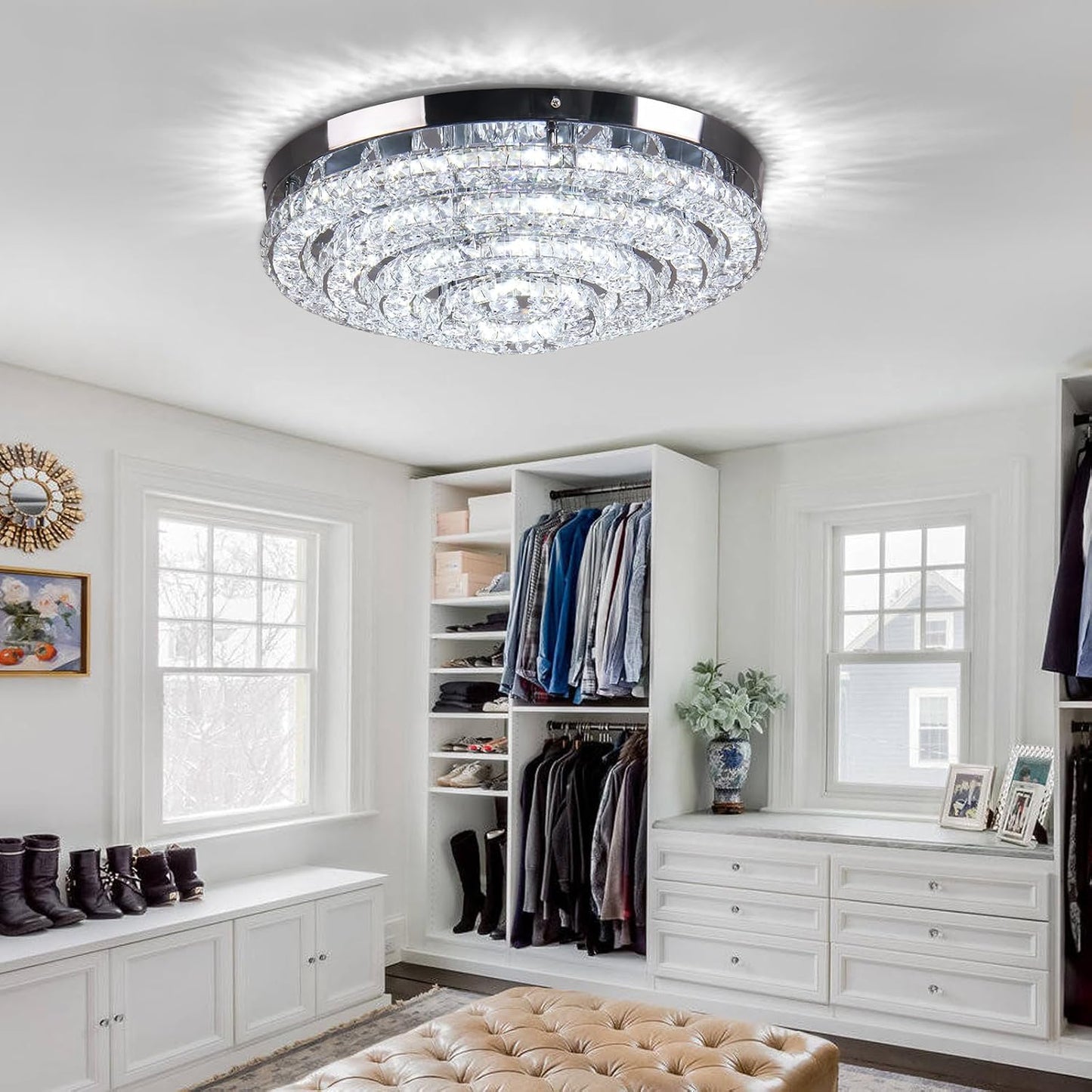 Lustre En Cristal Plafonnier Encastré Moderne Grand Lustre LED Entrée Chambre Salon Salle À Manger (Blanc Froid 6000K)