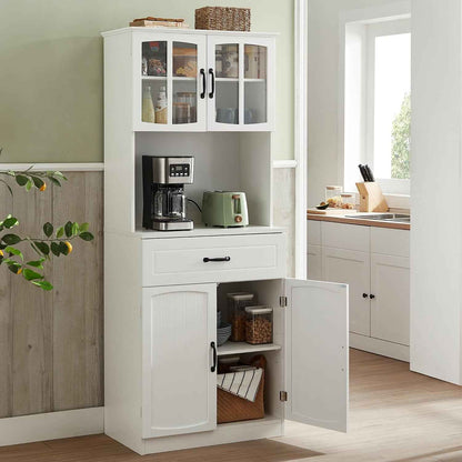 Buffet Haut Cuisine, Meuble De Rangement, Garde-Manger, Vaisselier, Avec Portes En Verre Et Étagères Réglables, Trou De Passage Des Câbles, Pour Micro-Ondes, Style Moderne, Blanc LSC361W21 | Armoire Multi-Usages Avec Étagères Réglables, Trou De Câble, Sty