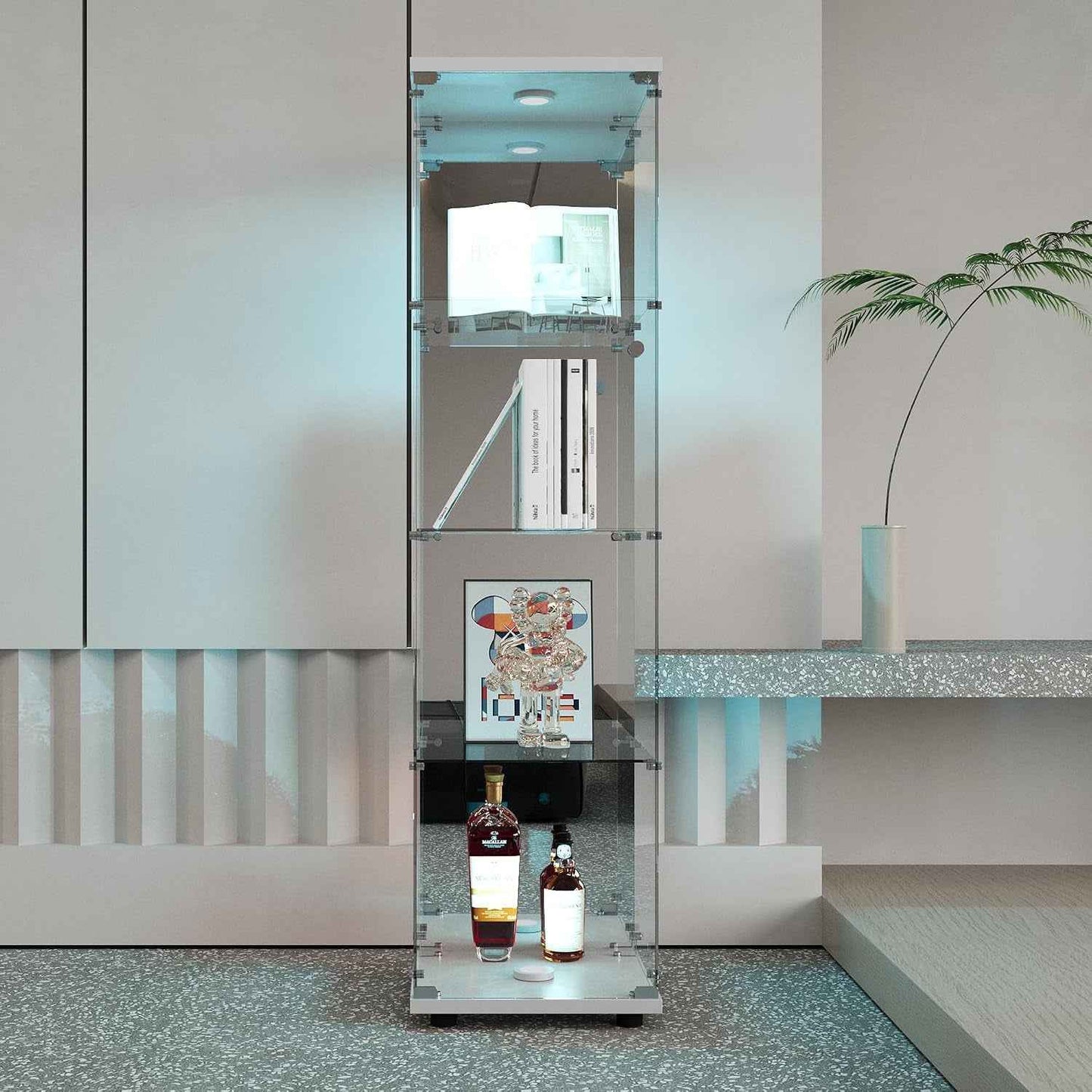 Vitrine En Verre, Meuble De Rangement Autonome Avec Éclairage LED Et Effet Miroir, Vitrine En Verre À 4 Couches, Convient Pour Bureau, Salon, Cuisine, 164 X 42,5 X 36,5 Cm (Blanc)