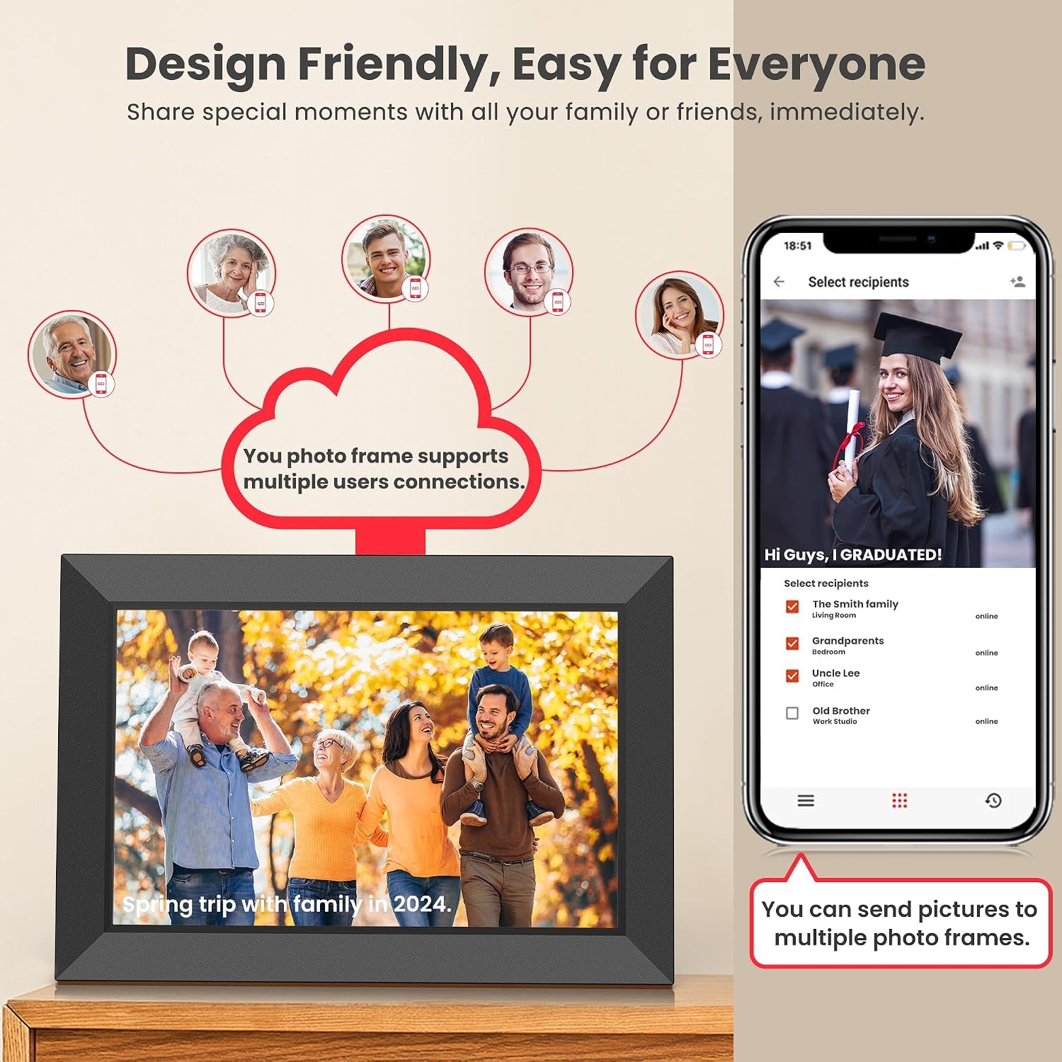 Frameo Cadre Photo Numérique Wifi 10,1 Pouces Avec Mémoire Intégrée De 32 Go, Écran Tactile HD 1280X800 IPS Pour Partager Photos Et Vidéos, Support Multilingue, Rotation Automatique, Montage Mural