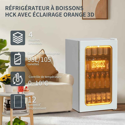 Réfrigérateur Pour Boissons De 98 L, Mini Réfrigérateur Avec Éclairage Orange 3D Et Porte En Verre, Réfrigérateur Compact De 105 Canettes Avec Étagères Réglables Pour Soda, Bière Ou Vin(Blanc)