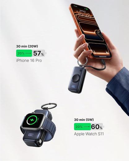 Power Bank Pour Apple Watch, Mini 5000Mah 20W Charge Rapide Chargeur | Batterie Externe Avec Câble Intégré, Mince Batterie Avec Porte-Clés Et LCD Pour Iwatch 10/9/8/Ultra2/Ultra, Iphone 17 16 Etc